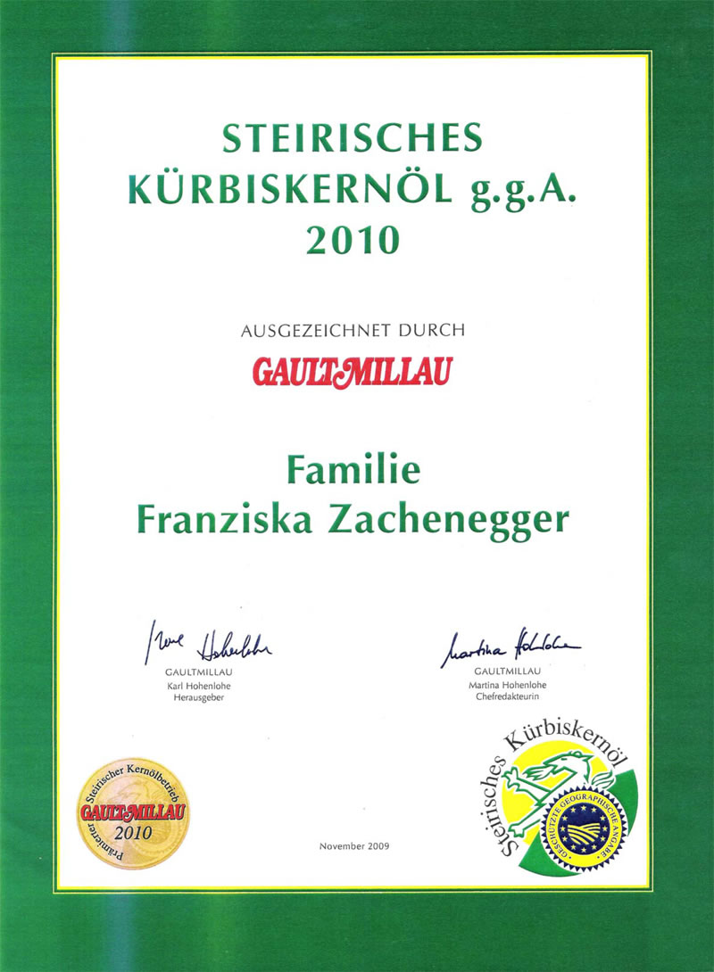 Urkunde Gault Millau Auszeichnung Zachenegger